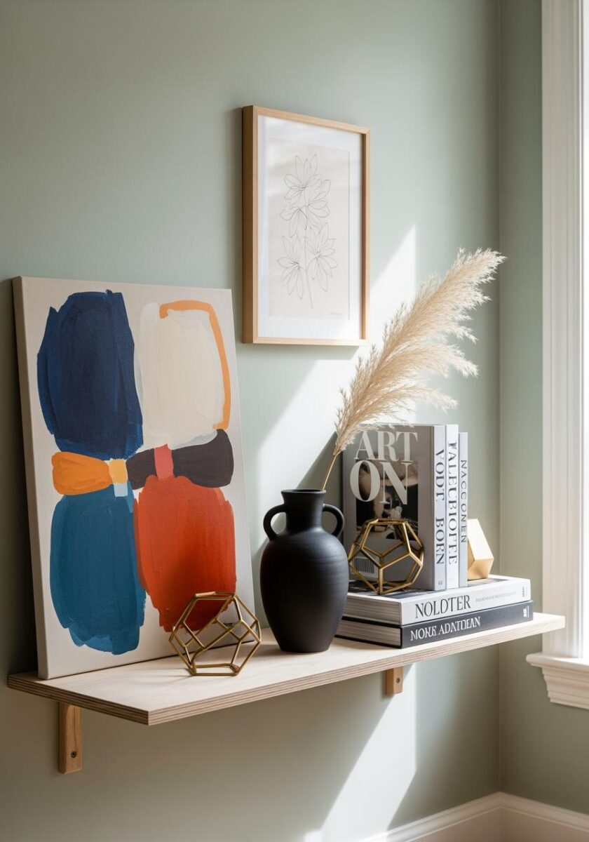 Modern wall shelf with black vase, pampas grass, gold geometric decor, stacked books, and colorful abstract canvas art