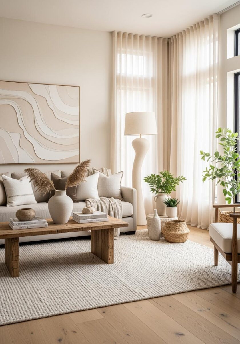 Bright minimalist living room with neutral tones, wooden coffee table, beige sofa, pampas grass, and green plants