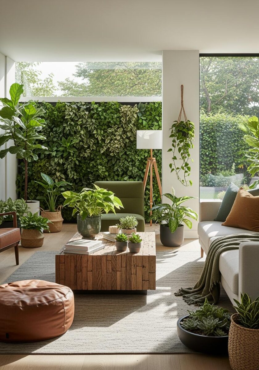 Modern biophilic living room with green wall, fiddle leaf fig, hanging pothos, succulents, wood coffee table, and natural light