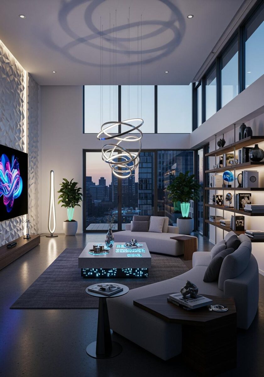 Modern luxury high-rise living room with spiral LED chandelier, floor-to-ceiling windows, city skyline view at dusk