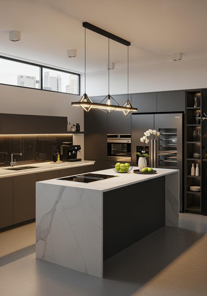 Modern luxury kitchen with marble island, dark cabinets, geometric pendant lights, and built-in appliances