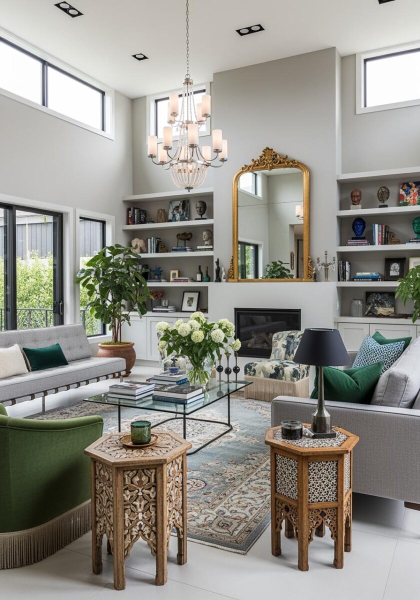 Elegant eclectic living room with Moroccan side tables, gold ornate mirror, chandelier, and green velvet armchair