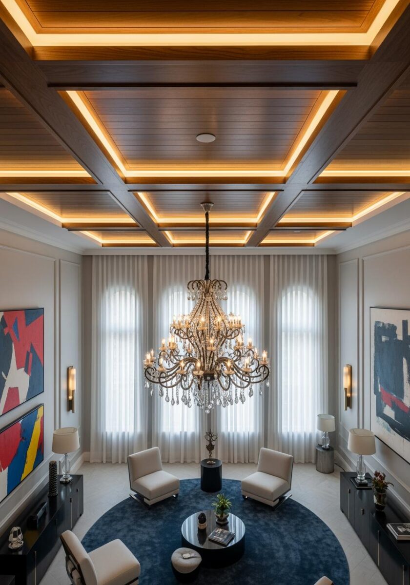 Luxury living room with illuminated coffered wood ceiling, grand crystal chandelier, modern white armchairs, and blue circular rug