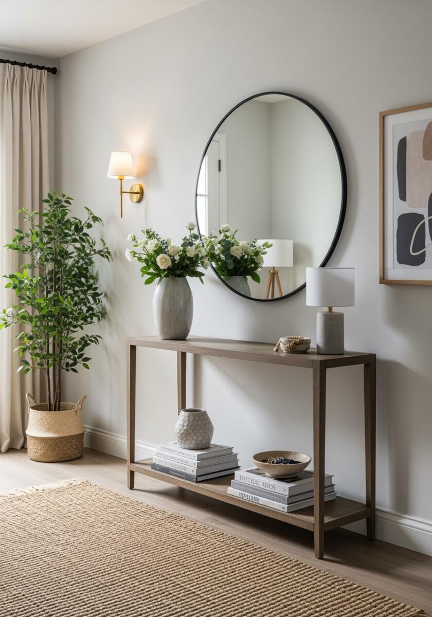 Modern entryway console table with round black mirror, white flower vase, small lamp, books, and decorative objects on wood floor