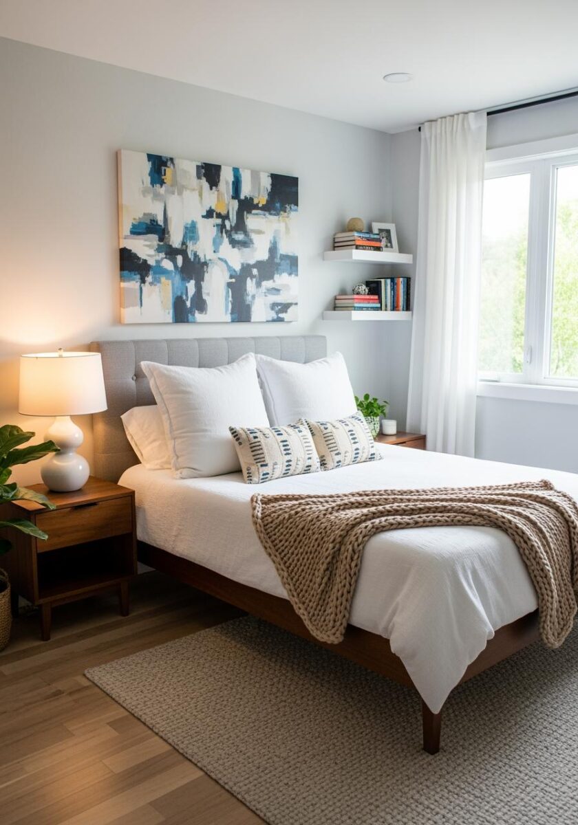 Modern bedroom with gray upholstered bed, white bedding, chunky knit throw, abstract wall art, and floating shelves