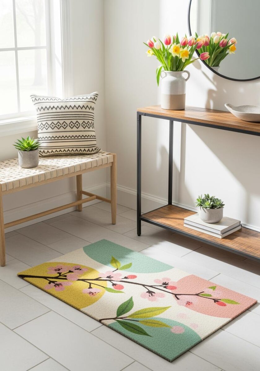 Bright entryway with floral rug, woven bench, tulip bouquet, and console table with succulent plants