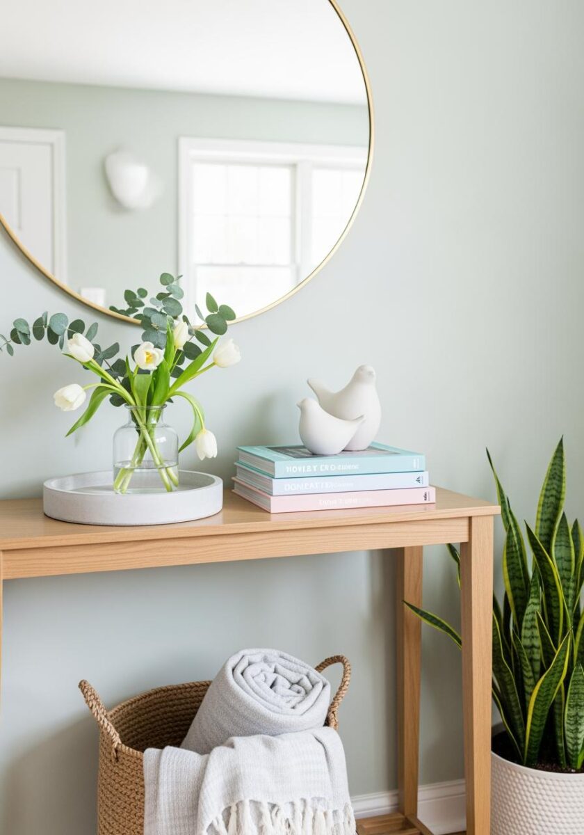 Light wood console table with white tulips, stacked books, ceramic bird, round gold mirror, snake plant, and woven basket
