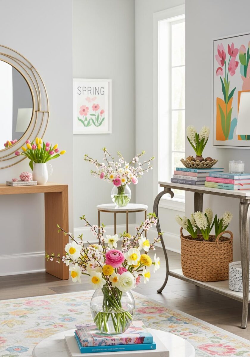 Spring home decor with fresh flower arrangements including daffodils, tulips, ranunculus, and hyacinths in bright living room