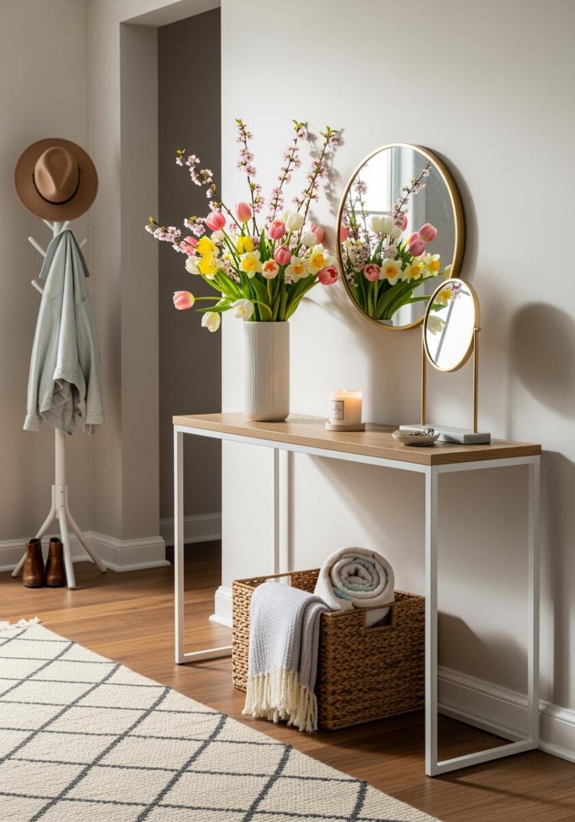 Modern entryway console table with spring tulip arrangement, gold mirrors, candle, and wicker basket with blanket