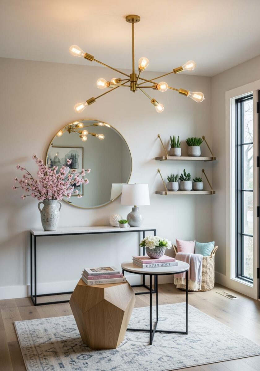 Modern entryway with gold sputnik chandelier, round mirror, marble console table, and floating shelves with succulents