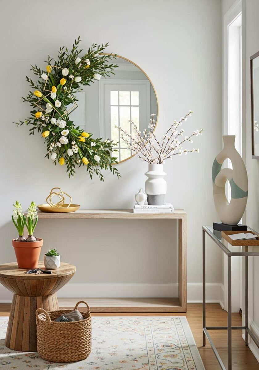 Spring entryway with floral wreath on round gold mirror, light wood console table, cherry blossom vase, and decorative accents