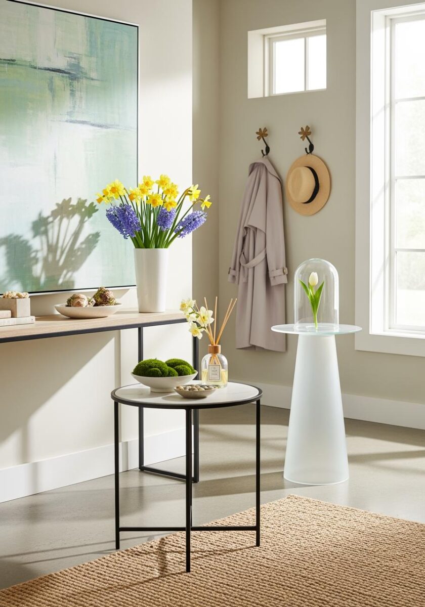 Bright entryway with yellow daffodils, purple hyacinths, round black side table, white pedestal with tulip cloche, and coat hooks