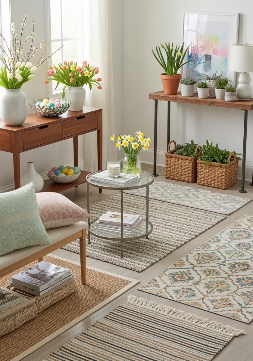Bright spring living room with tulips, daffodils, Easter eggs, succulents, layered rugs, and a glass coffee table