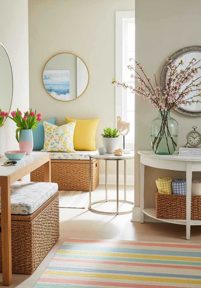 Bright spring entryway with pastel pillows, cherry blossoms, wicker baskets, striped rug, and round mirrors