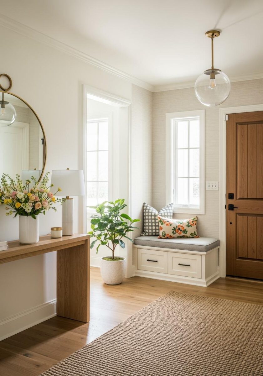 Bright entryway with white storage bench, wood console table, round gold mirror, globe pendant light, and potted fiddle leaf fig