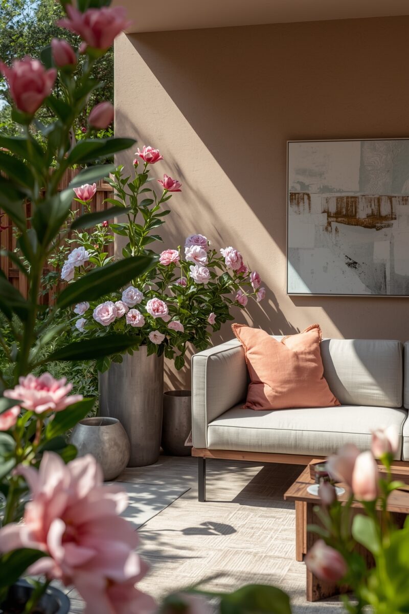 Elegant outdoor patio with gray sofa, coral cushions, large pink rose bushes in concrete planters, and abstract wall art