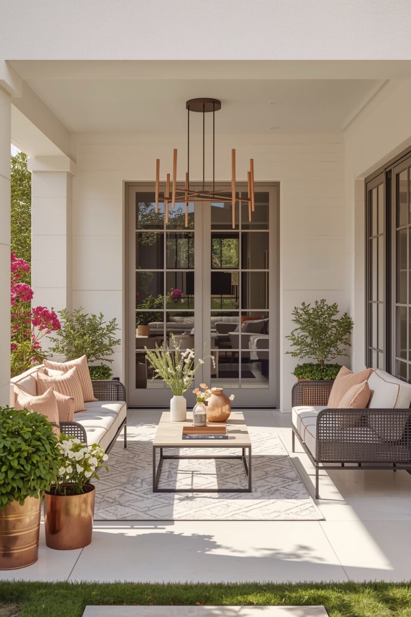 Modern covered patio with wicker sofas, blush cushions, wood coffee table, copper accents, and French doors