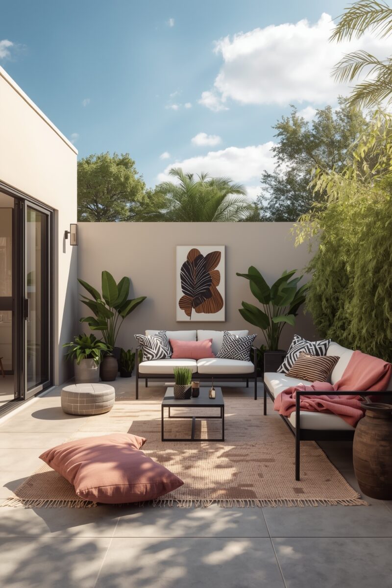 Modern outdoor patio with black metal furniture, pink cushions, tropical plants, and botanical wall art under blue sky