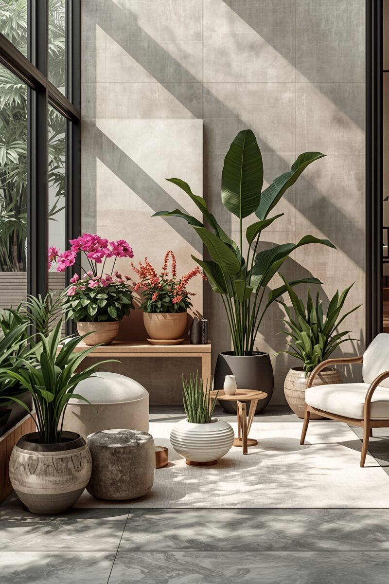 Modern sunlit interior with tropical plants, pink flowers, rattan chair, and concrete walls casting dramatic shadows