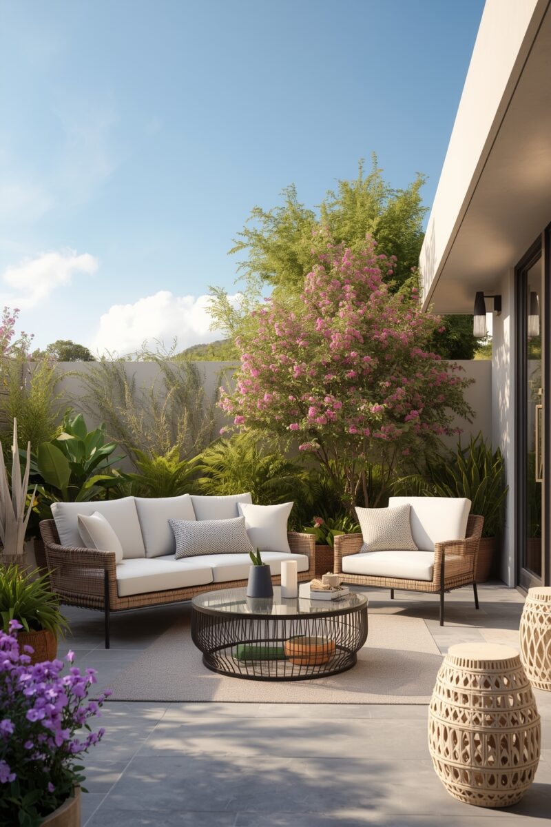 Modern outdoor patio with wicker sofa set, white cushions, glass coffee table, and lush flowering garden backdrop