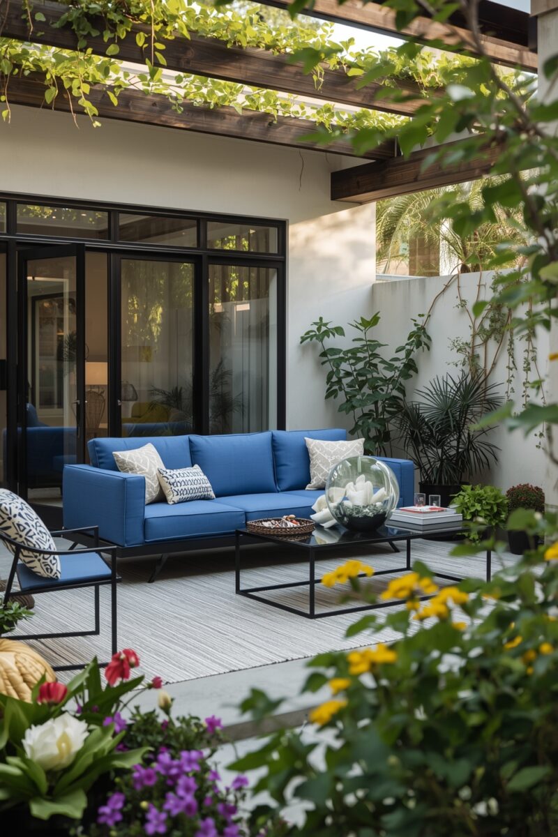 Modern outdoor patio with blue sofa, black metal coffee table, patterned cushions, pergola with climbing vines, and colorful garden flowers