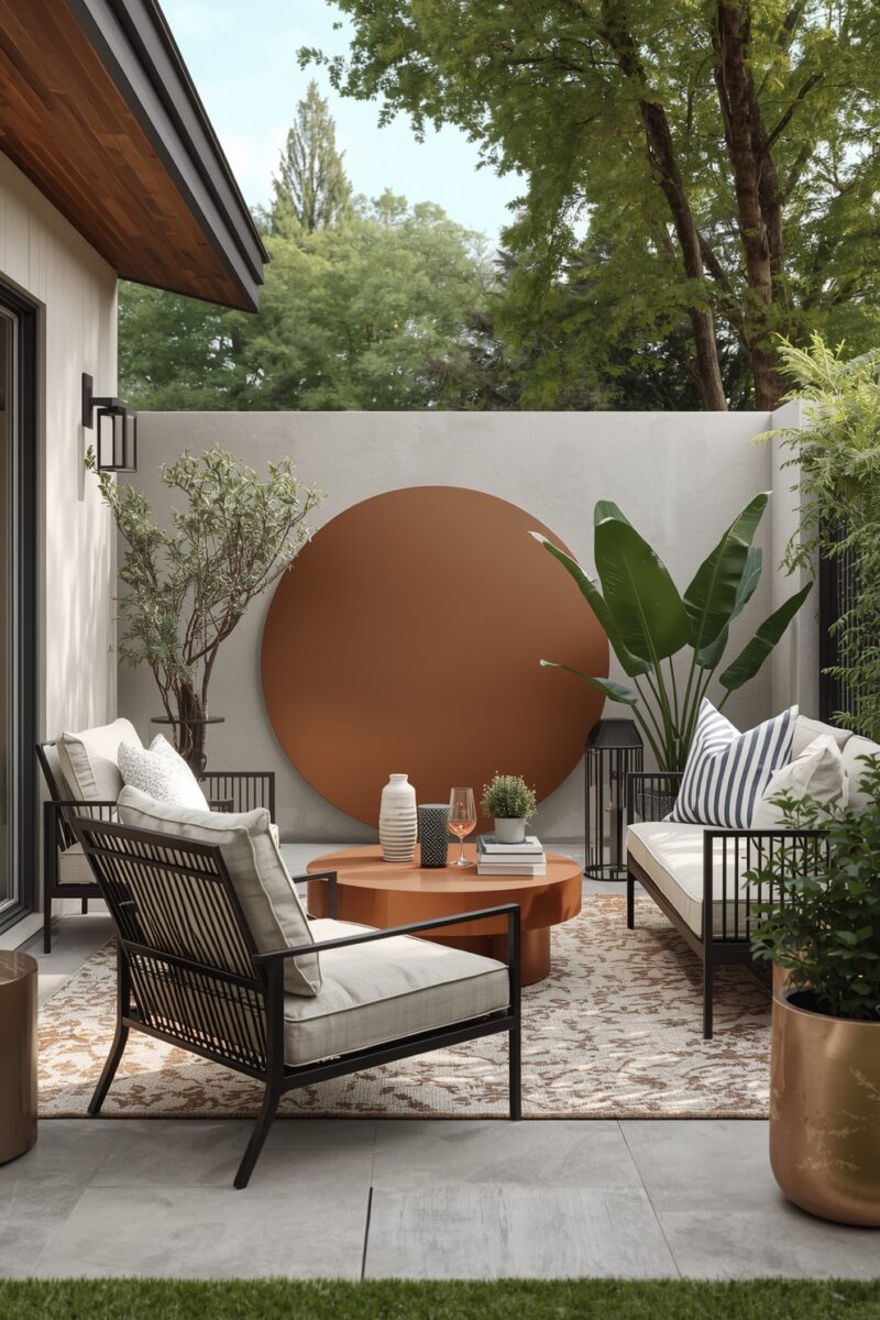 Modern outdoor patio with black metal furniture, terracotta round coffee table, patterned rug, and large circular wall art