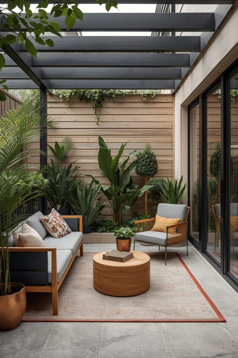 Modern covered patio with wooden furniture, gray cushions, tropical plants, and pergola roof adjacent to sliding glass doors