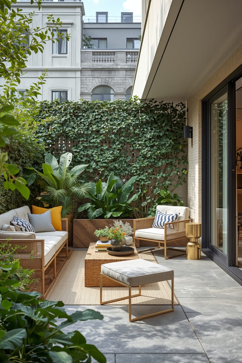 Modern urban terrace with wicker furniture, white cushions, tropical plants, and ivy-covered wall