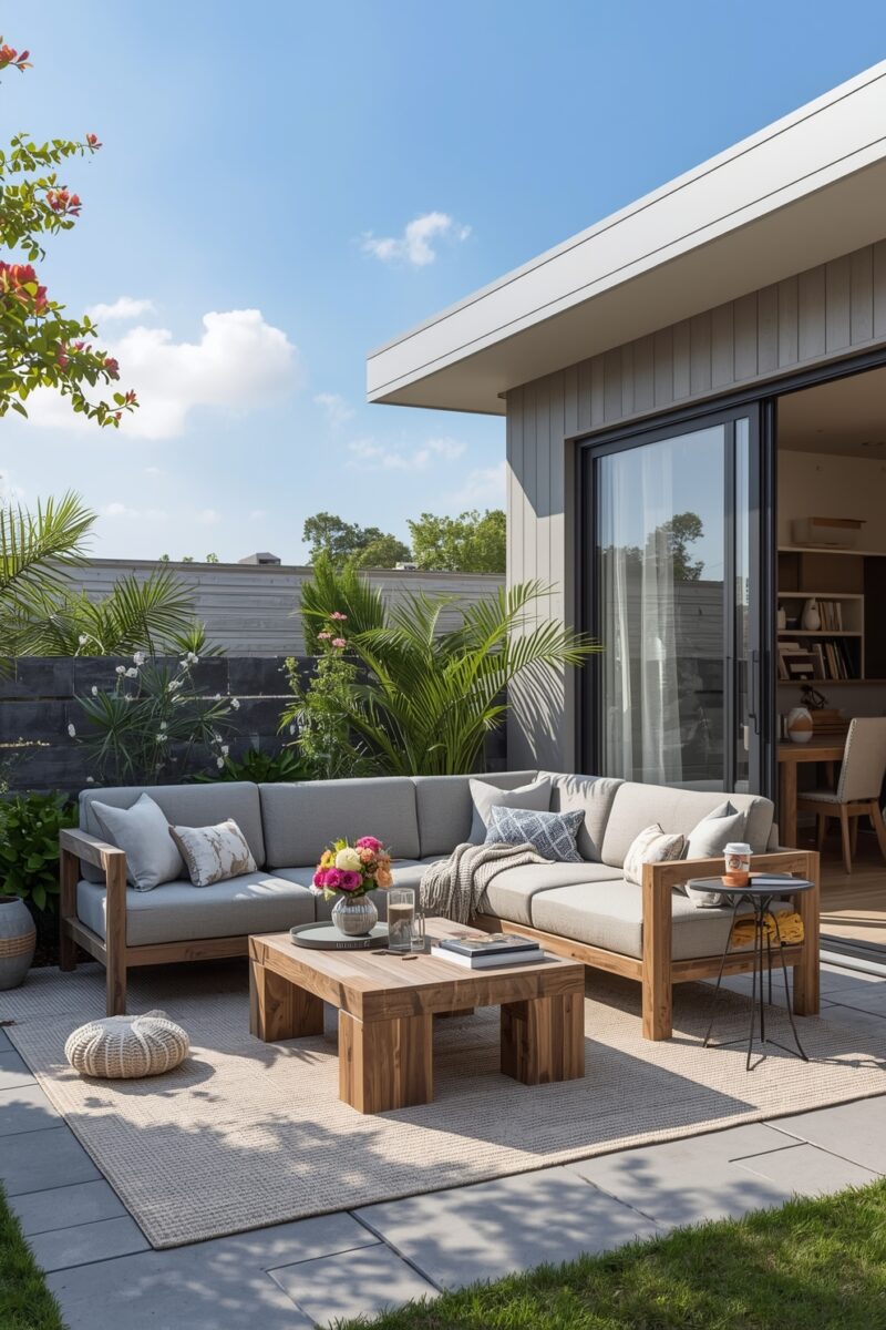 Modern outdoor patio with gray sectional sofa, teak coffee table, colorful flowers, and tropical plants on sunny day