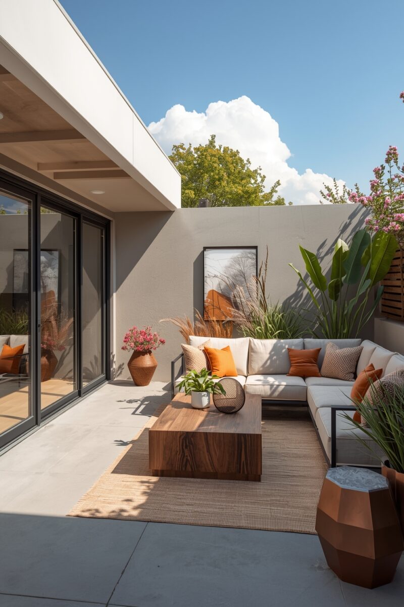 Modern outdoor patio with L-shaped sectional sofa, wooden coffee table, orange cushions, and tropical plants