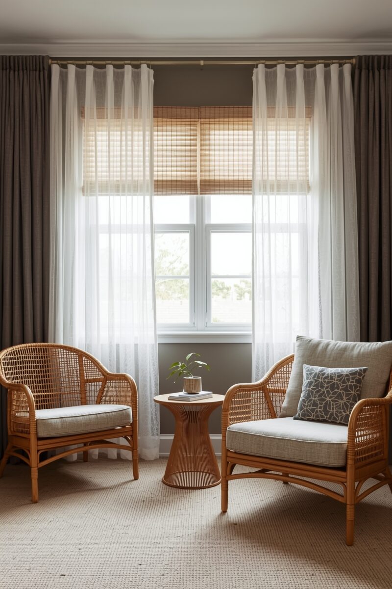 Two rattan chairs with neutral cushions flanking a small round side table in front of layered curtains and bamboo blinds