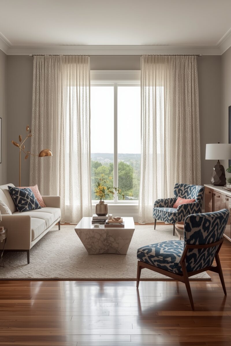 Bright modern living room with beige sofa, blue ikat accent chairs, marble coffee table, and sheer curtains by large window
