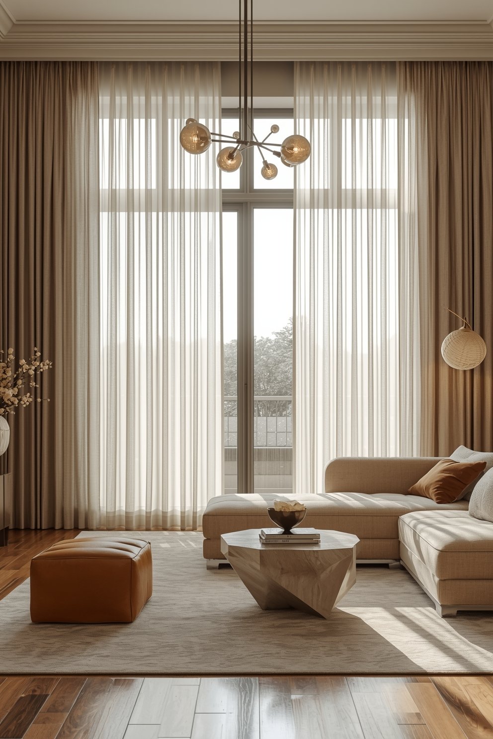 Modern living room with beige sectional sofa, geometric wood coffee table, sheer curtains, and Sputnik chandelier