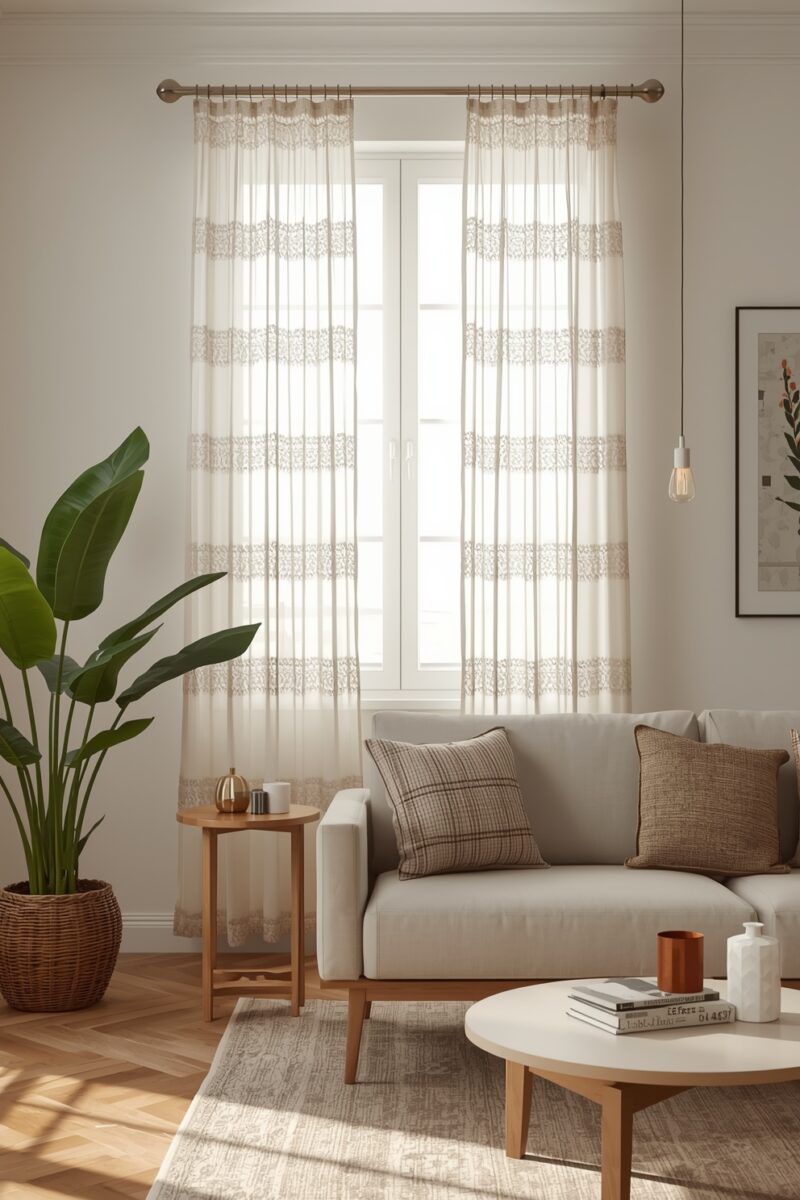 Bright Scandinavian living room with sheer striped curtains, gray sofa, wooden coffee table, and tropical plant