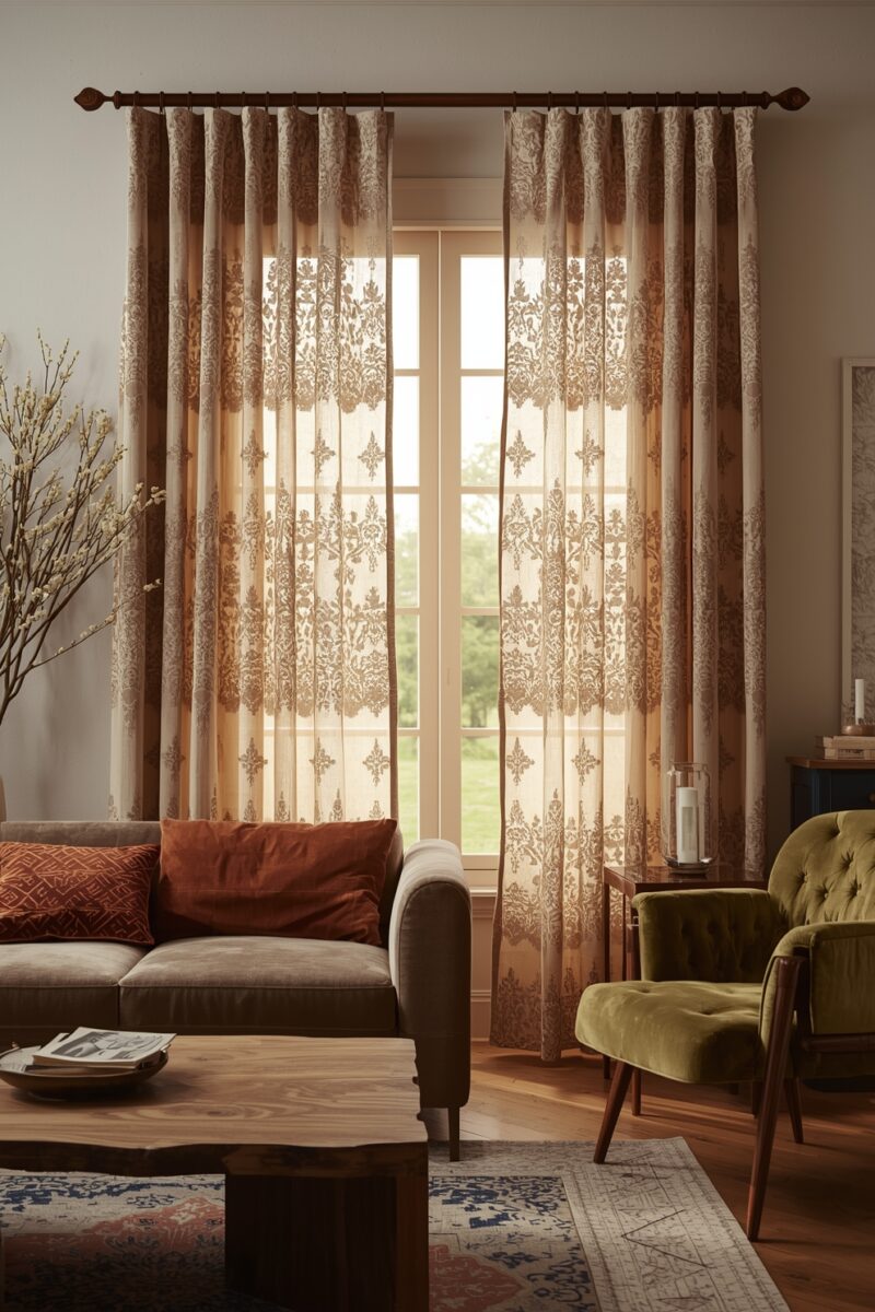 Warm living room with sheer damask patterned curtains on wooden rod, brown sofa with rust pillows, olive velvet chair