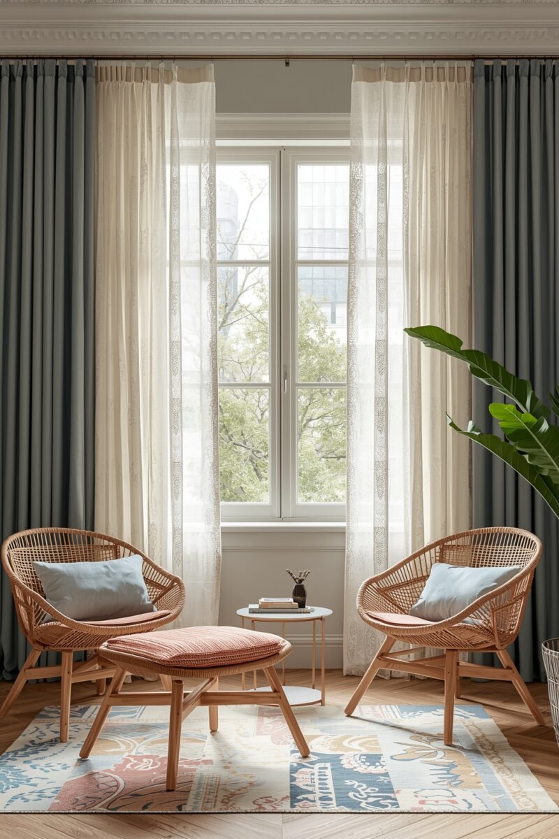 Two rattan accent chairs with blue cushions flanking a small white side table in front of a large window with layered gray and sheer curtains