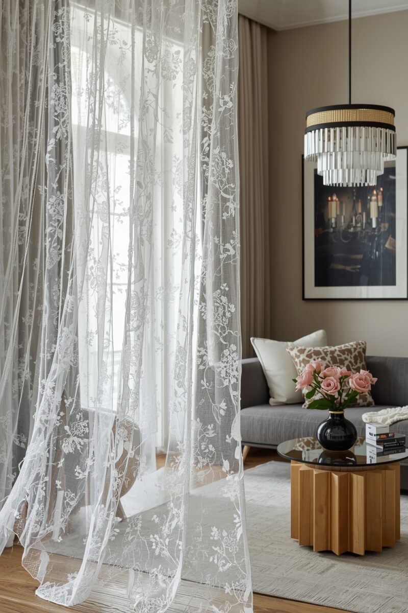 Sheer white floral lace curtains in elegant living room with gray sofa, glass coffee table, and pendant chandelier