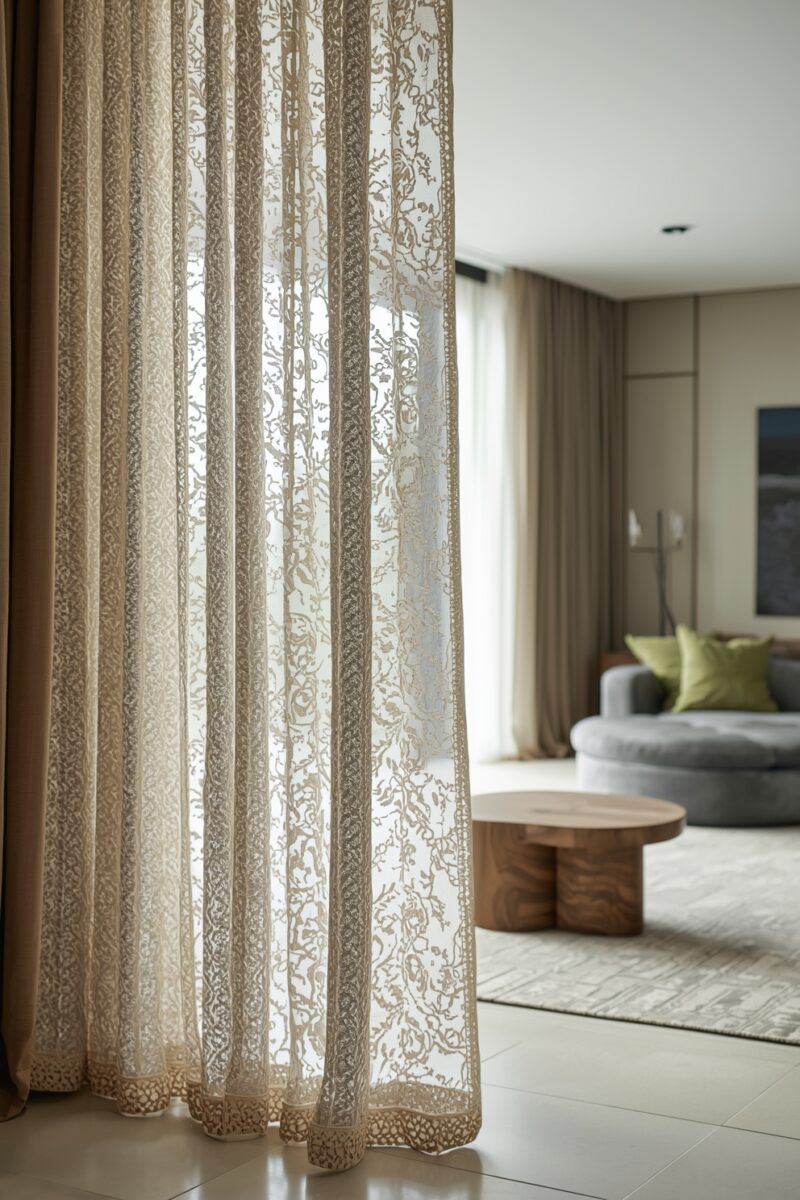 Sheer lace curtains with floral pattern in modern living room with gray sofa and wooden coffee table