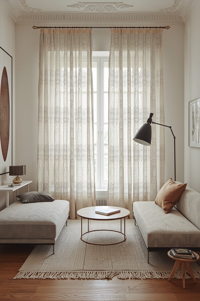 Minimalist living room with sheer lace curtains, two gray daybeds, round coffee table, and floor lamp on hardwood floors