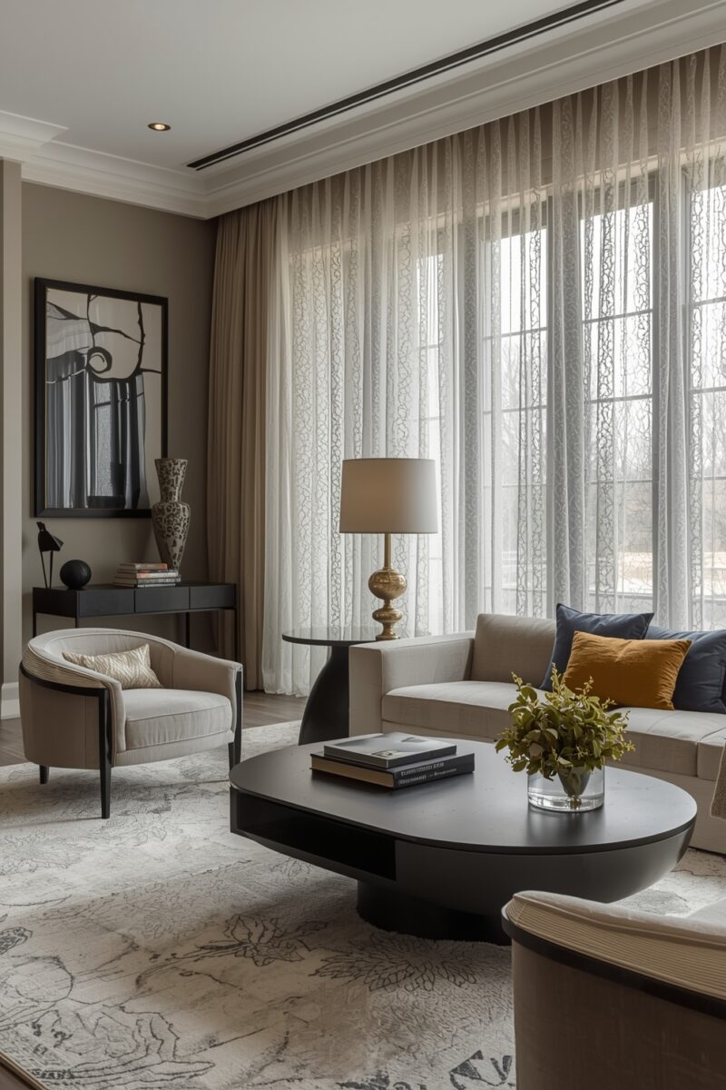 Elegant contemporary living room with beige armchairs, dark oval coffee table, lace curtains, and neutral tones