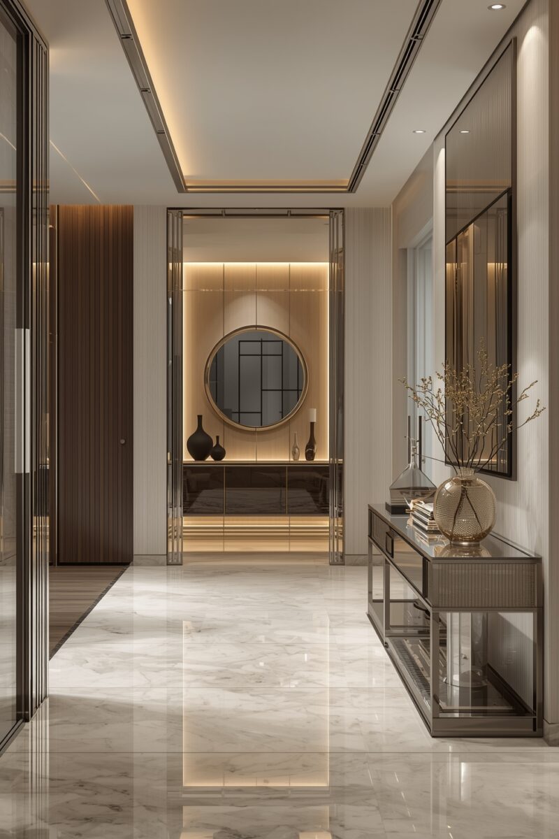 Luxury modern hallway with polished marble floors, gold-accent console table, round mirror, and warm ambient lighting