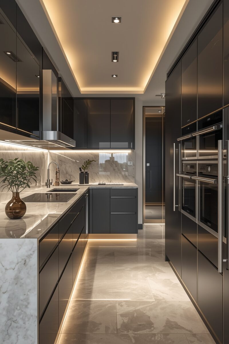 Modern luxury kitchen with dark glossy cabinets, marble countertops, LED lighting, and built-in stainless steel appliances