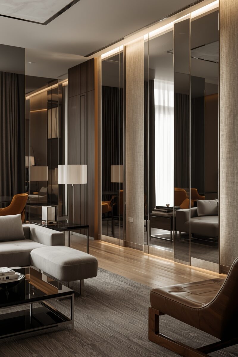 Luxury modern living room with floor-to-ceiling mirror panels, gray sofa, brown leather chair, and warm ambient lighting