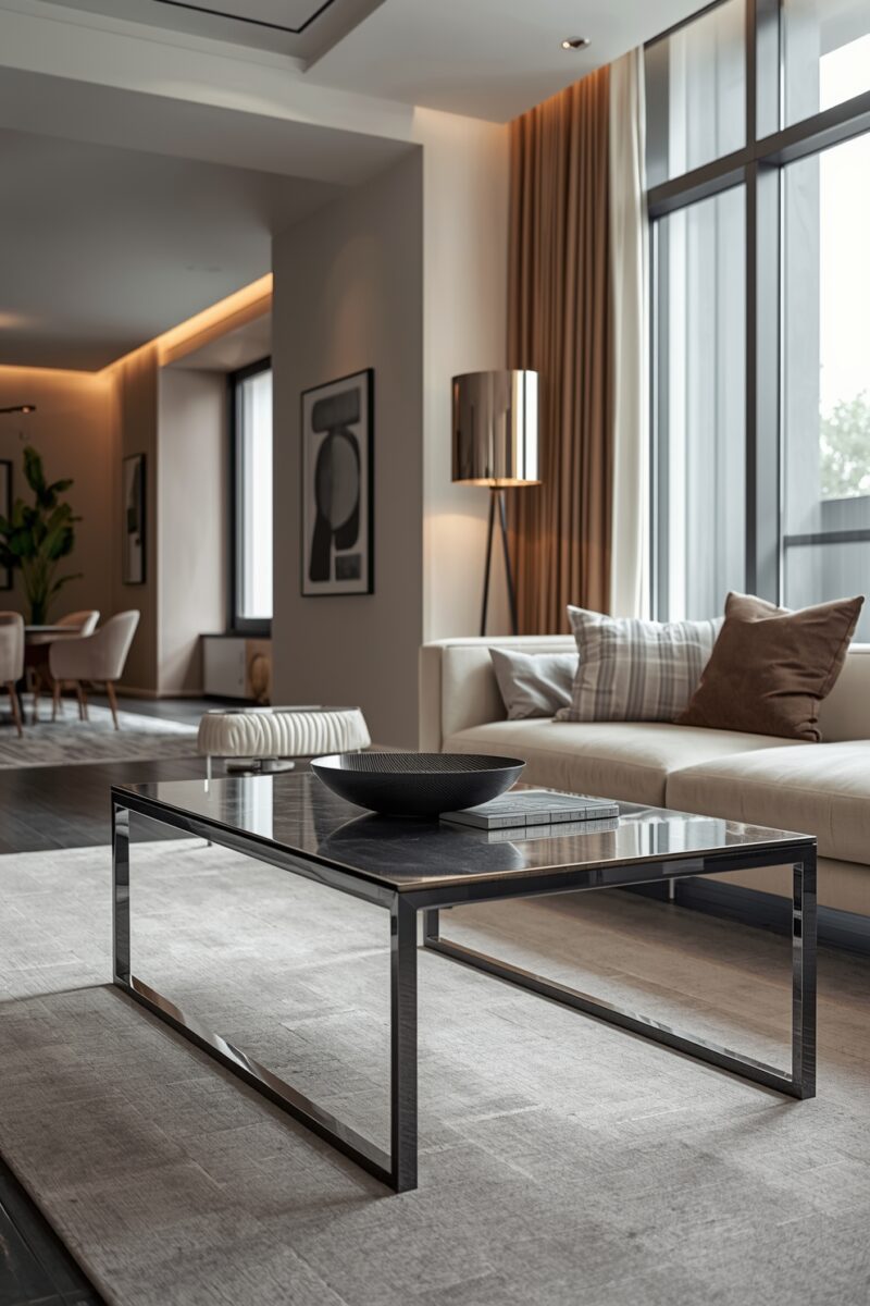 Modern luxury living room with marble coffee table, cream sofa, floor-to-ceiling windows, and warm ambient lighting