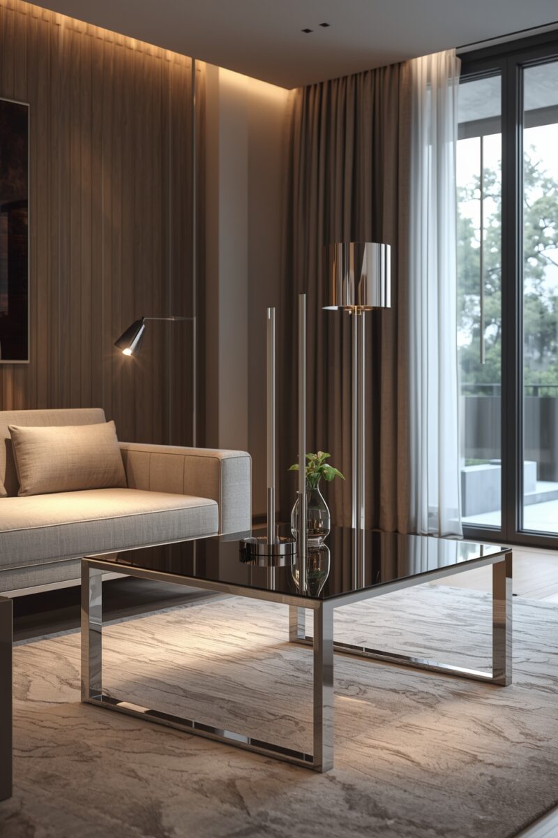 Modern luxury living room with black glass coffee table, chrome floor lamp, beige sofa, and wood panel walls