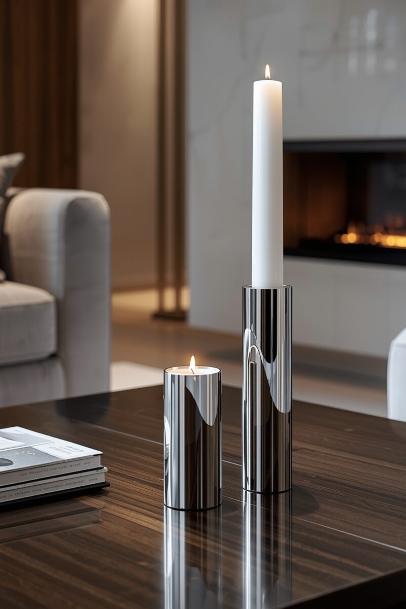 Two polished chrome cylindrical candle holders with lit candles on a dark wood coffee table in a modern living room