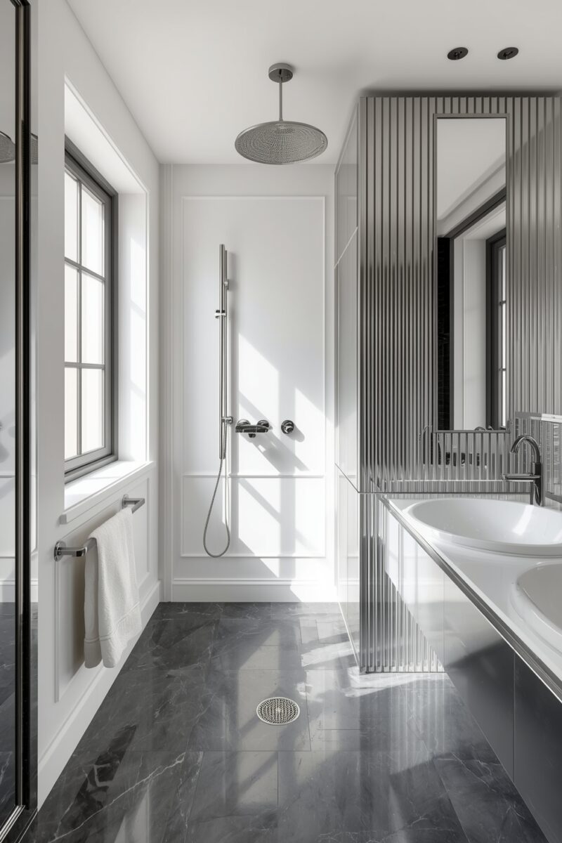 Modern luxury bathroom with marble floors, rainfall shower, vessel sink, and chrome fixtures in white and gray tones