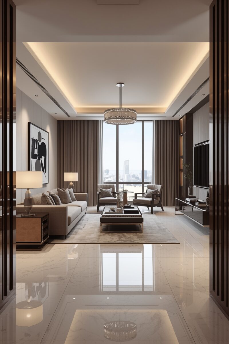 Luxury modern living room with marble floors, crystal chandelier, neutral sofa, floor-to-ceiling windows, and city views
