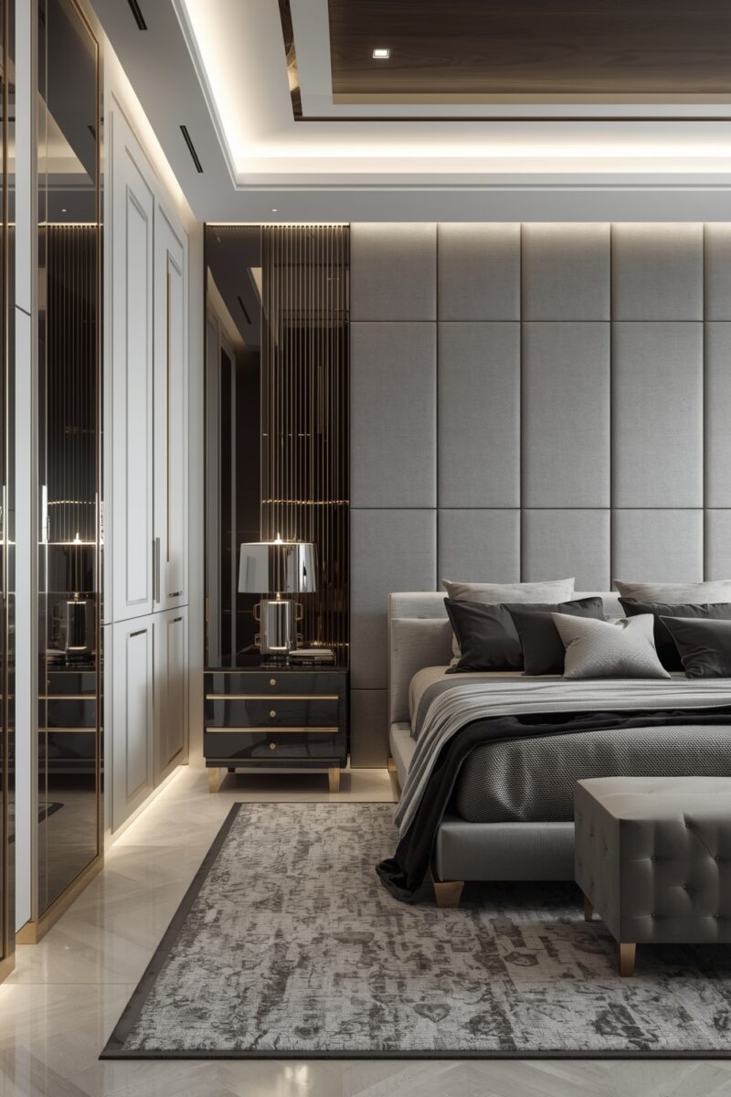 Luxury modern bedroom with grey upholstered wall panels, king bed, dark nightstand with chrome lamp, and mirrored wardrobes