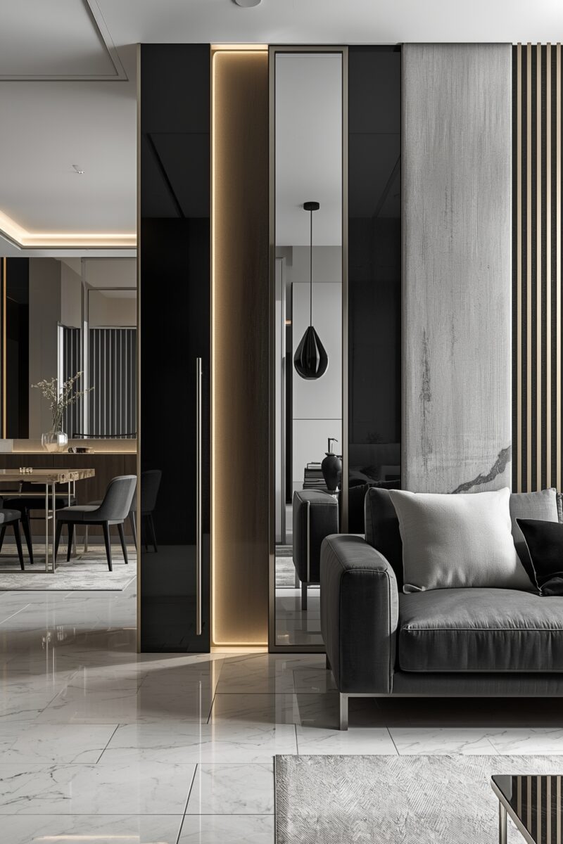 Luxury modern living room with dark gray sofa, marble floors, gold-lit wall panels, and open dining area beyond